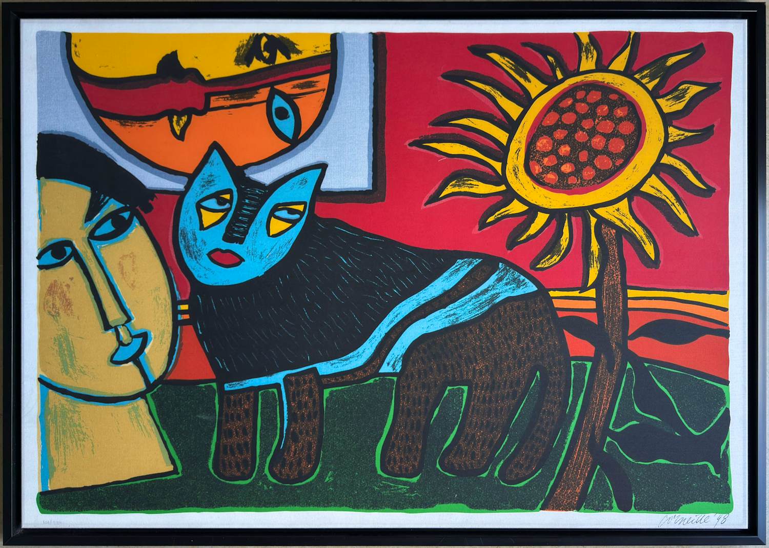 Corneille - Litho: 'Compositie met poes en zonnebloem' (1998) kopen? Bied vanaf 650!
