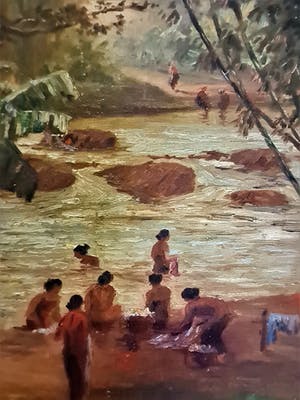 Niet of onleesbaar gesigneerd - circa. 1900 - Naïef olieverf Indonesië "badende vrouwen" - monogram kopen? Bied vanaf 1!