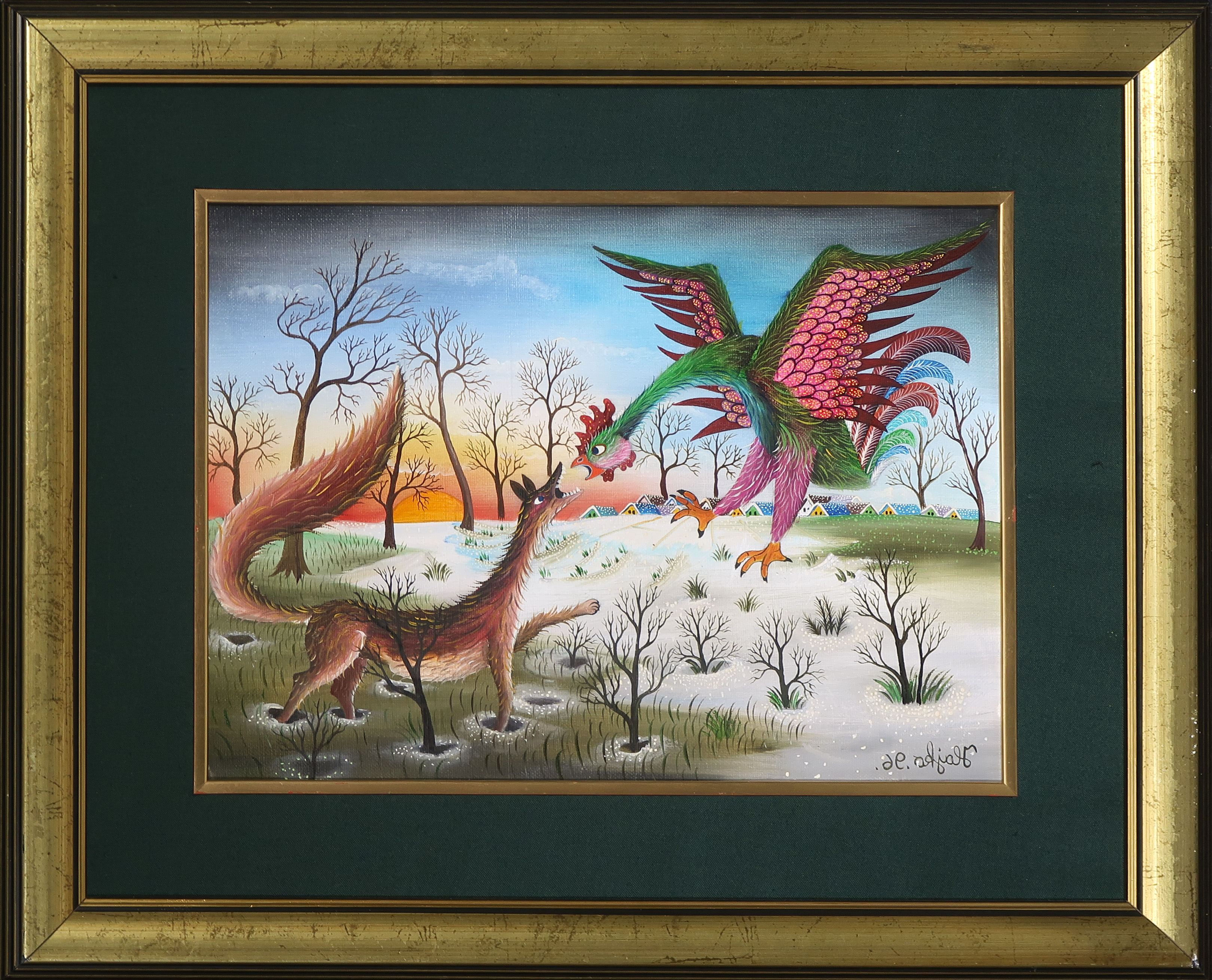 Pavol Hajko - Olieverf op doek, Voorsteling met vos en haan - Ingelijst kopen? Bied vanaf 150!