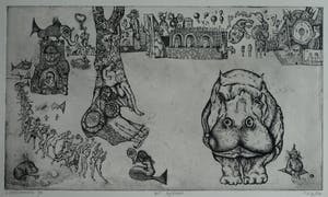 Ab Steenvoorden - Ets , Het Nijlpaard – Surrealistische voorstelling, 1972 - 19½ x 33½ cm kopen? Bied vanaf 35!