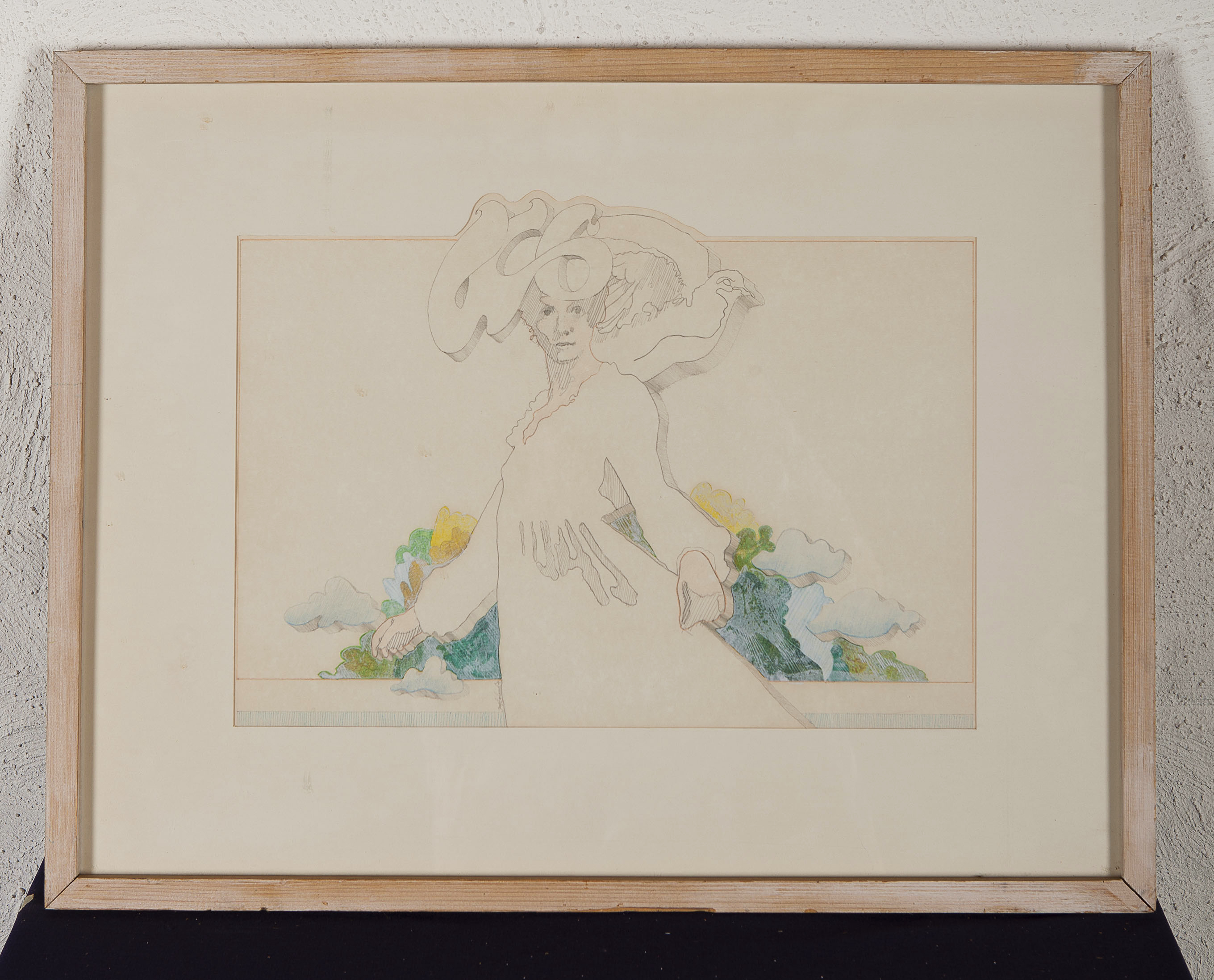 Jaap Eerland - Dame met raar hoedje - Kleurpotlood en aquarel op papier kopen? Bied vanaf 10!