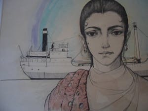 Jan Camphuis - Gemengde techniek op papier, zonder titel ( Meisje en boot ) kopen? Bied vanaf 30!