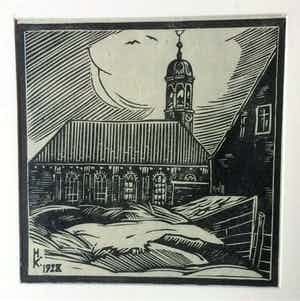Han Krug - Houtsnede "Kerkje Ter Heijde bij Monster" 1928 verkocht voor € 35!