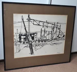 Frans Hollaardt - Rangeerterrein in Delft, tekening/aquarel (netjes ingelijst) kopen? Bied vanaf 1!
