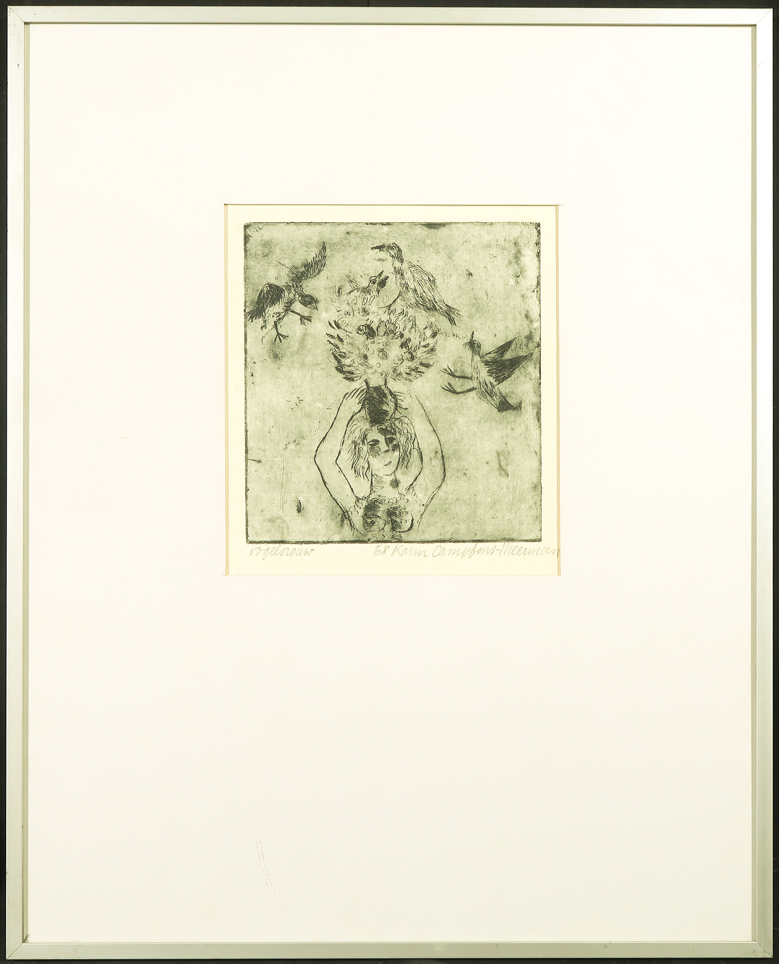 Karin Campfens - Ets en aquatint, Vogelvrouw - Ingelijst kopen? Bied vanaf 1!