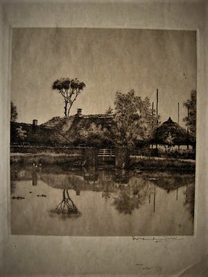 Niet of onleesbaar gesigneerd - Fraaie droge naald Ets "boerderij aan water" gesigneerd kopen? Bied vanaf 1!