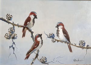 Henk Poeder - Drie kleine vogels in een winterse omgeving kopen? Bied vanaf 30!