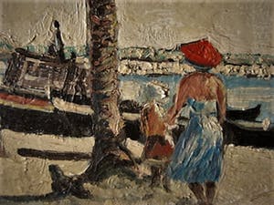Niet of onleesbaar gesigneerd - omstreeks 1950 geschilderd olieverf "Flaneren boulevard Sitges bij Barcelona" kopen? Bied vanaf 10!