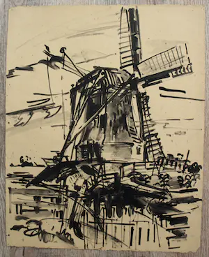 Jan Jordens - gemengde techniek op papier: Molen kopen? Bied vanaf 59!