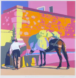 Marco Kooiman - Zeefdruk, Man and mule at fountain - Ingelijst kopen? Bied vanaf 50!