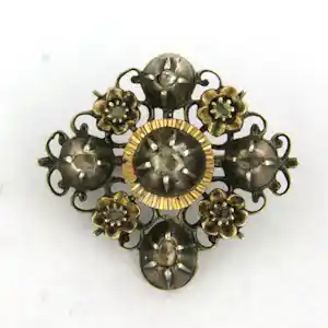 Buy BWG geel met zilveren broche bezet met roos diamant tot. 0.10ct - G/H - SI? Bid from 110!