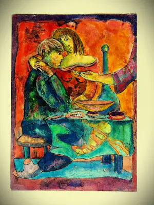 Franca Muller Jabusch - Grote gemengde techniek (pastel, inkt, aquarel) "de vreemdeling" kopen? Bied vanaf 38!