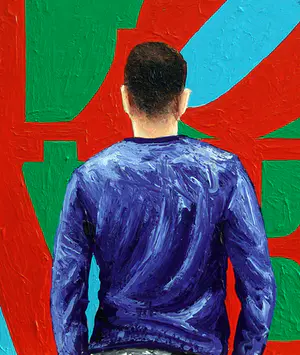 Gerard Boersma - Love (Man kijkend naar pop art schilderij van Robert Indiana) kopen? Bied vanaf 75!