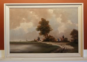 Niet of onleesbaar gesigneerd - Hollandse School (20e eeuw) - van Schaik??? - Dorp aan het water kopen? Bied vanaf 1!