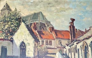 Niet of onleesbaar gesigneerd - Stadszicht - Hofje Bakenesserkamer/St BAVO -Gesigneerd - Fraaie vergulden lijst! kopen? Bied vanaf 10!