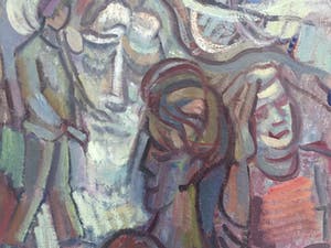 Elly Kuipers - olieverf op doek - vrolijk straatbeeld uit de jaren '70/'80 kopen? Bied vanaf 1!