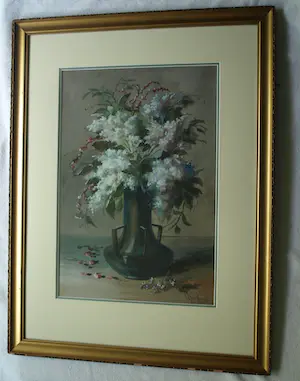 Niet of onleesbaar gesigneerd - Ingelijste aquarel , Bloemen in groene vaas – Herkent u de signatuur? kopen? Bied vanaf 1!