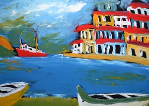 Niet of onleesbaar gesigneerd - Bootjes aan de kust - kleurig werk - gesigneerd kopen? Bied vanaf 10!