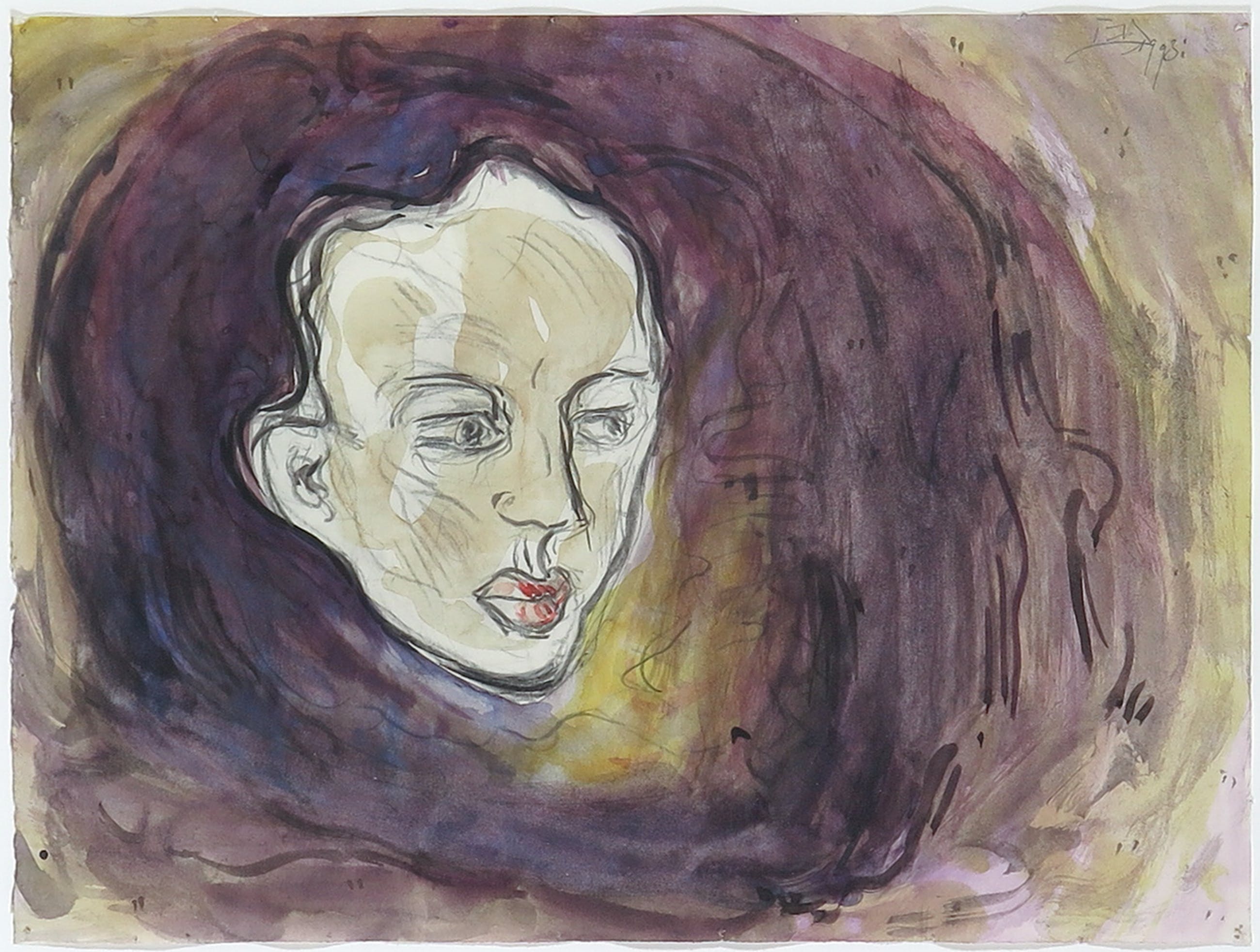 Frank van den Broeck Portret in paars en bruintinten, aquarel en potlood op papier Ingelijst Frank van den Broeck Portret in paars en bruintinten, aquarel en potlood op papier Ingelijst