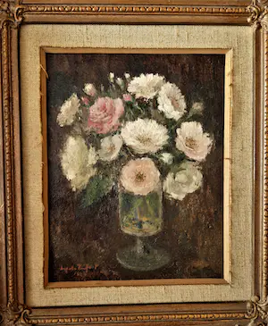 Niet of onleesbaar gesigneerd - Begin 20e eeuw naïef geschilderd olieverf "pioenrozen in glas" gesigneerd kopen? Bied vanaf 1!