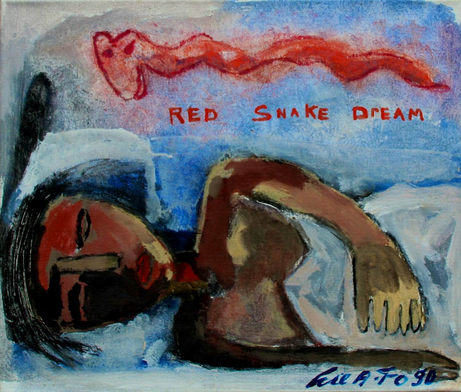 John Lie a Fo - Acrylverf op doek: 'Red Snake Dream' - 1990 kopen? Bied vanaf 225!
