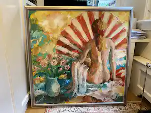 Annemarie de Groot - origineel schilderij van vrouwelijk zittend naakt met bloemen te koop verkauft für € 250!