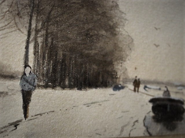 Niet of onleesbaar gesigneerd - Sfeervol Aquarel "Wandelaar in Hollands winterlandschap"  kopen? Bied vanaf 1!