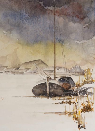 Koos Landers - Zeilboot in de besneeuwde polder kopen? Bied vanaf 10!