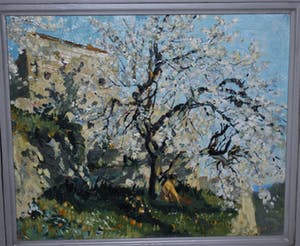 Theo Goedvriend - Zonnige mediterraanse scene met een bloeiende boom - olieverf kopen? Bied vanaf 350!