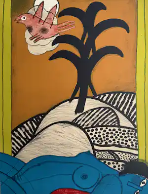 AcheterCorneille - handgesigneerde kleurenlitho | 'Nu bleu sous un oiseau' | 1989? Enchérissez de 350!