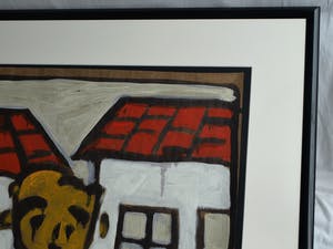 Bart Drost - Ingelijst, acryl op bitumenpapier (pakpapier) , Voor 2 huisjes – ca. 1991 kopen? Bied vanaf 50!