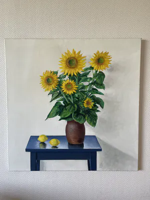 Thijs Overmans - Zonnebloemen en citroenen op houten tafel kopen? Bied vanaf 20!