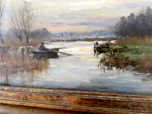 Frits Goosen - Schilderij water landschap met visser in bootje kopen? Bied vanaf 350!