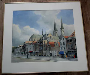 Leo Wisselink - Grote Aquarel: gezicht op de nieuwe kerk in Delft. kopen? Bied vanaf 150!