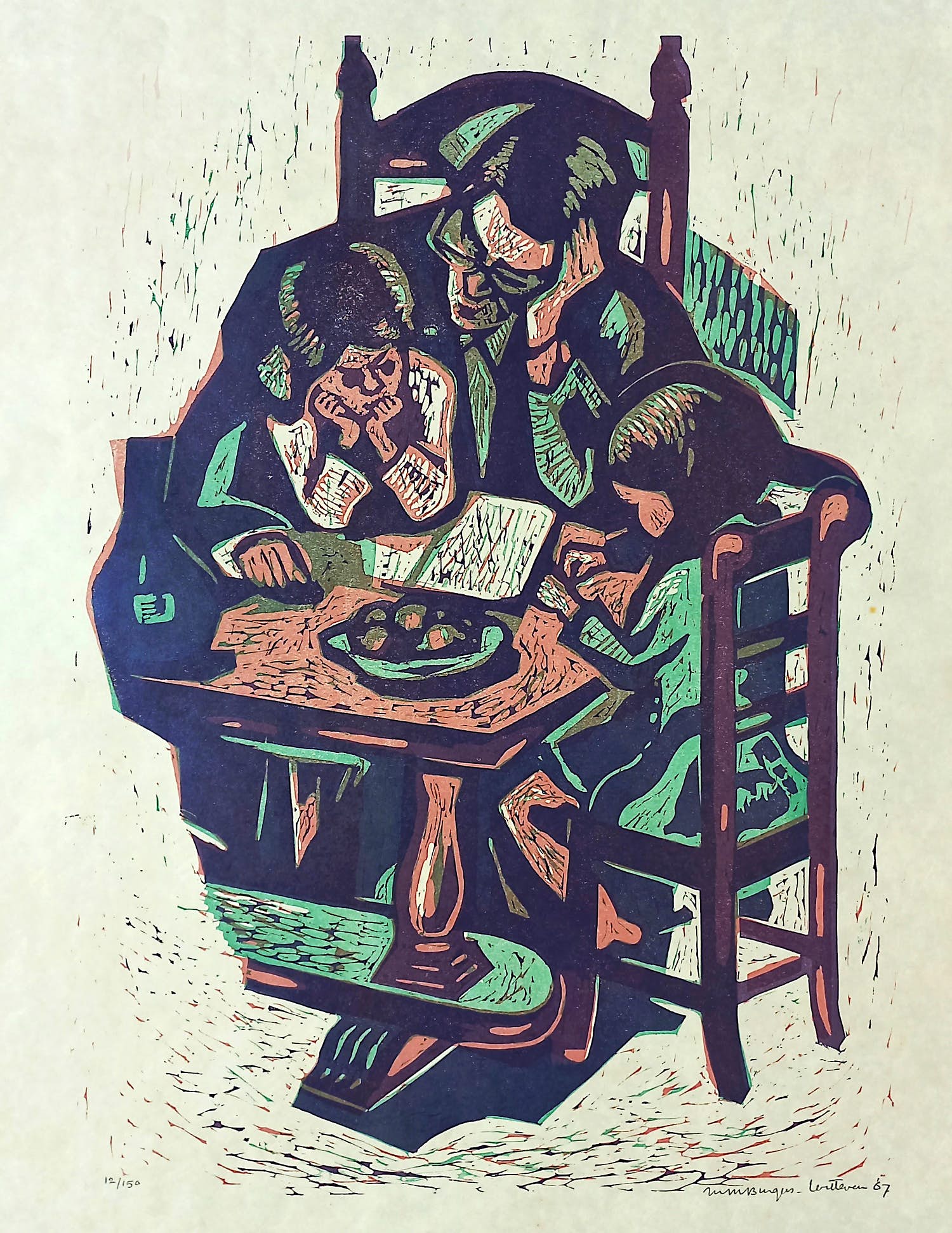 Mieke Burgers-Witteveen - Vader en kinderen aan tafel, linosnede verkocht voor € 35!