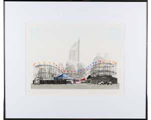 Wim Bettenhausen - Ingekleurde ets in preegdruk. Titel, "kermis aan het Malieveld". verkocht voor € 70!