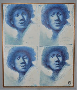 De Kunstfabriek - Rembrandt, zelfportret 4x in blauw - groot olieverfschilderij kopen? Bied vanaf 195!