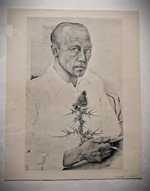 Henk Voskuyl - Grote monochrome Litho - zelfportret met distel - potloodgesigneerd kopen? Bied vanaf 30!