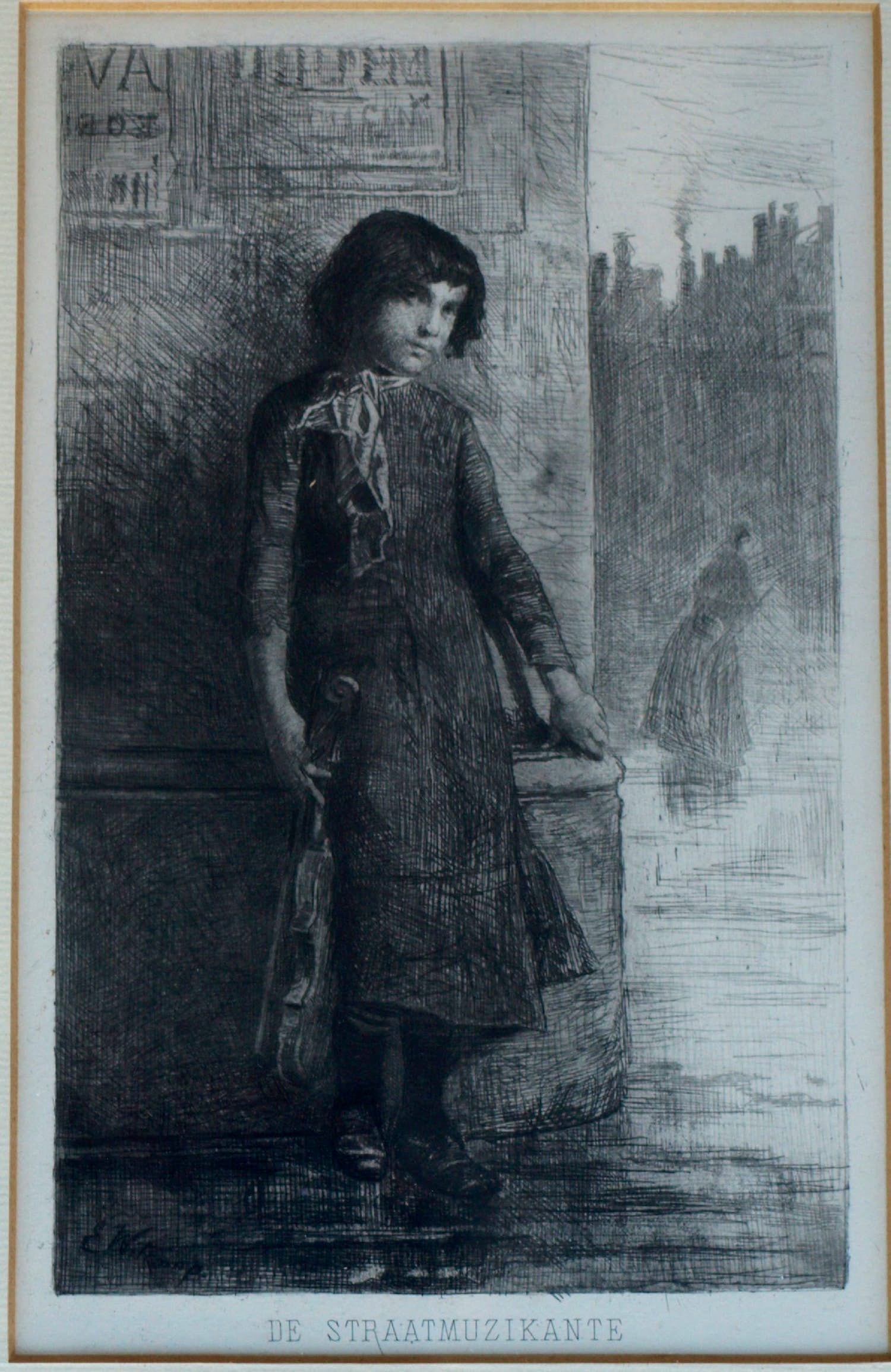 Ernst Witkamp - Ingelijste ets, “De Straatmuzikante” - 1888 verkocht voor € 1!