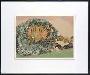 Vincent van Ojen - Houtsnede, Herfstlandschap - Ingelijst verkocht voor € 35!