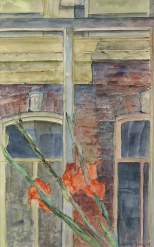 Clara de Jong - Aquarel, Raam Simon Willemstraat - Ingelijst kopen? Bied vanaf 1!