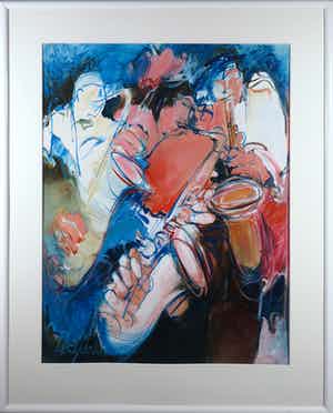 Bernadette Leijdekkers - Acryl op papier, Saxofonisten - Ingelijst (Groot) verkocht voor € 70!