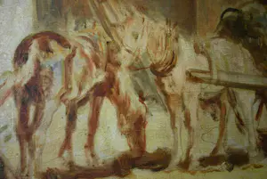 Jacques van Mourik - Binnenplaats met paarden - groot olieverfschilderij kopen? Bied vanaf 295!