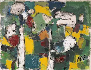 Mart Min - Olieverf op jute, Abstracte compositie - Ingelijst kopen? Bied vanaf 350!