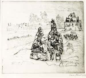 Henri Plaat - Ets, Landschap met figuren verkocht voor € 35!