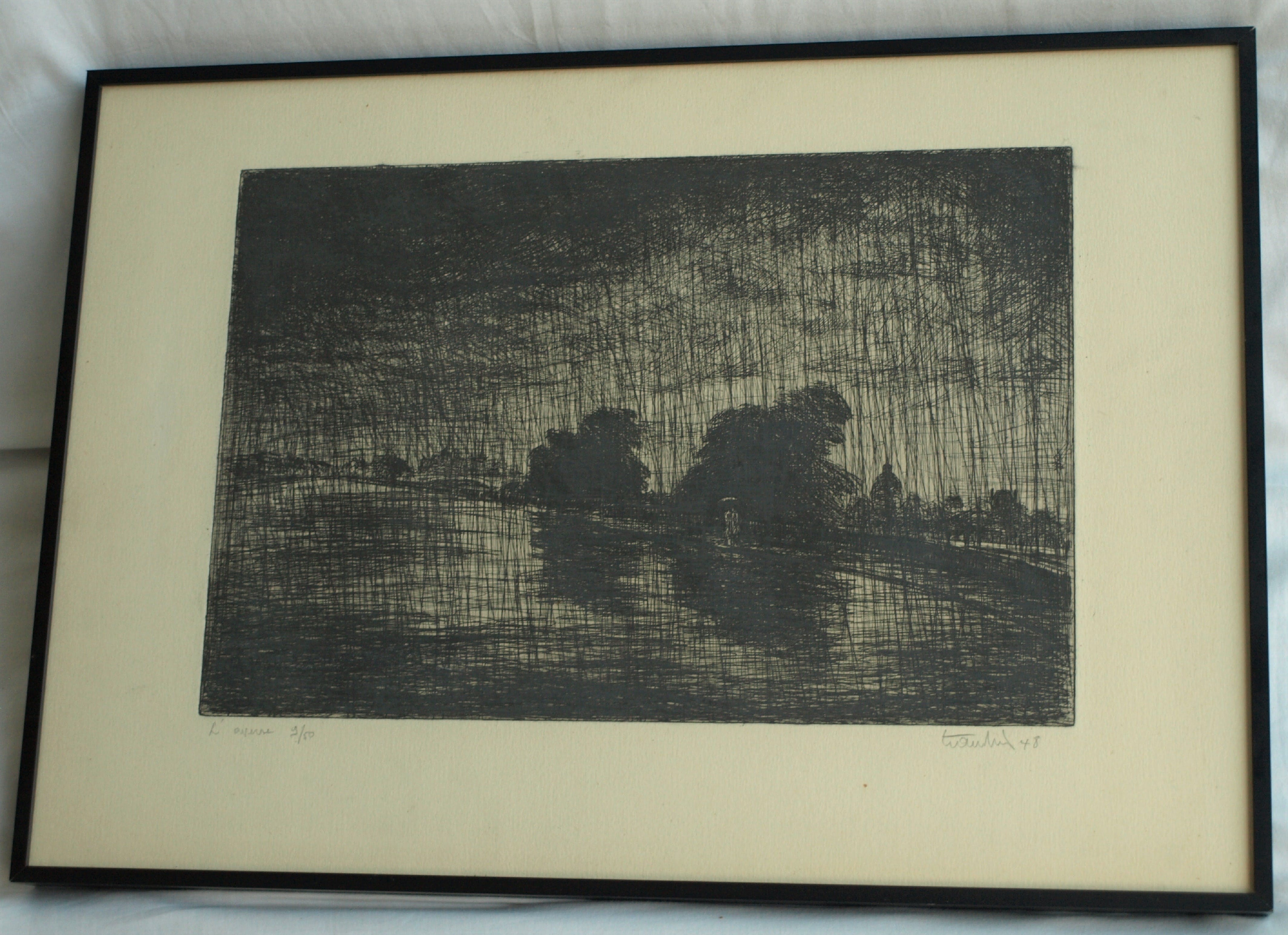 Niet of onleesbaar gesigneerd - Gesigneerde ets – Landschap in de regen – ingelijst – 1948 kopen? Bied vanaf 1!