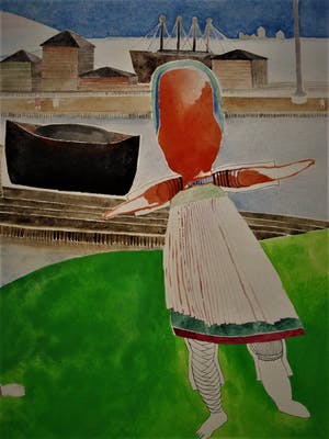 Henri de Haas - 1971 - Groot Surrealistisch Aquarel "de Wandeling" gesigneerd kopen? Bied vanaf 10!