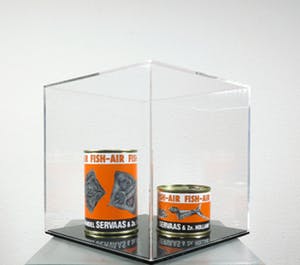 Servaas - Twee blikken met Fish Air in plexiglazen kubus, Int. Fish-handel Servaas & Zn. kopen? Bied vanaf 1!