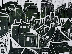 Ria Exel - Grote, omstreeks 1940 gemaakte olijfgroene houtsnede "de daken van Amsterdam" kopen? Bied vanaf 39!