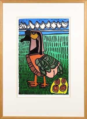 Ruth van der Neut - Linosnede, Knobbelgans - Ingelijst verkocht voor € 10!